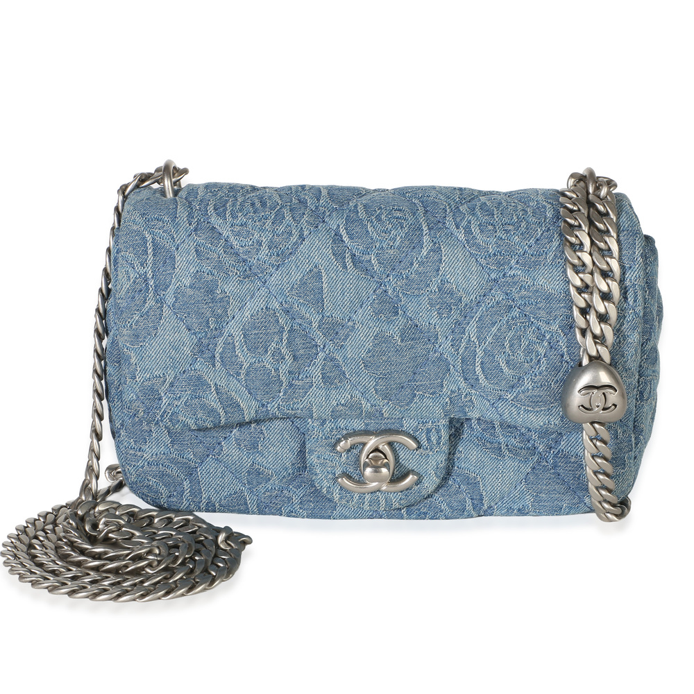 Chanel Blue Quilted Denim Camellia Sweetheart Mini Flap Bag